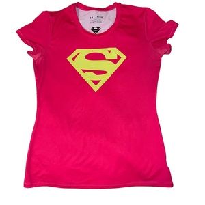 Under Armour Womne’s Short Sleeve Heat Gear Shirt Superwoman Pink Yellow Size M